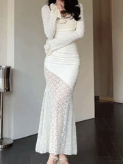 Lizakosht Lace Long Dresses Women French Elegant Square Collar Mermaid Dress Female Long Sleeve Off Shoulder Bodycon Evening Party Dresses