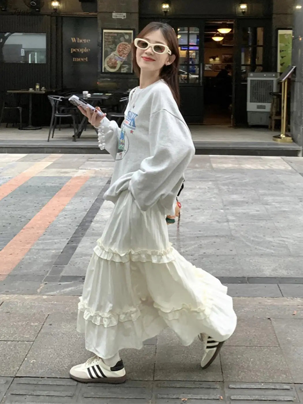 LIZAKOSHT  -  Wood Ear Edge French Simple Midi Skirt Sweet Women Skirts Spring Summer Elastic Waist A-line Fashion Layer Cake Skirt Tutu Korea