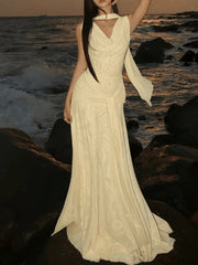LIZAKOSHT  -  Summer Sexy Slanted Shoulder Lace-Up Gowns Women Elegant Backless Hight Waist Slim Long Dress Fashion Draped Solid Party Dress