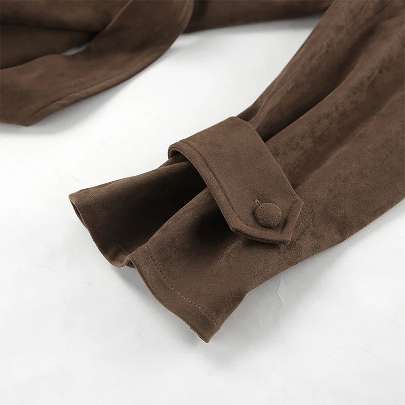 LIZAKOSHT  -  Retro Brown Lace Up Shorts Suede Jacket Elegant Female Lapel Long Sleeves Slim Coats Autumn Chic Lady High Street Outwear