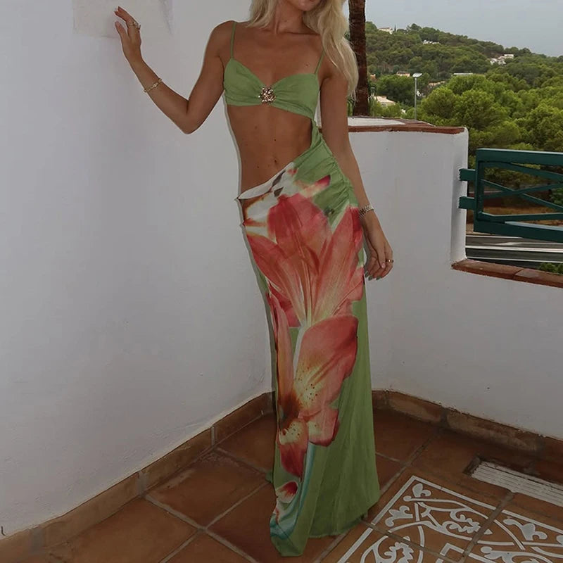 LIZAKOSHT  -  Cool Summer series hollow out pleated slim fit dress bikini cover sun protection sexy long skirt beach vacation print dress