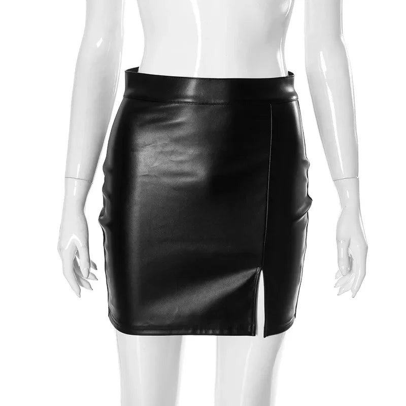 LIZAKOSHT  -  Autumn Women Sexy 2 Piece Set Elegant Square Neck Lace Up Flare Long Sleeve Ruched Bodycon Mini Dress + PU Leather Skirts