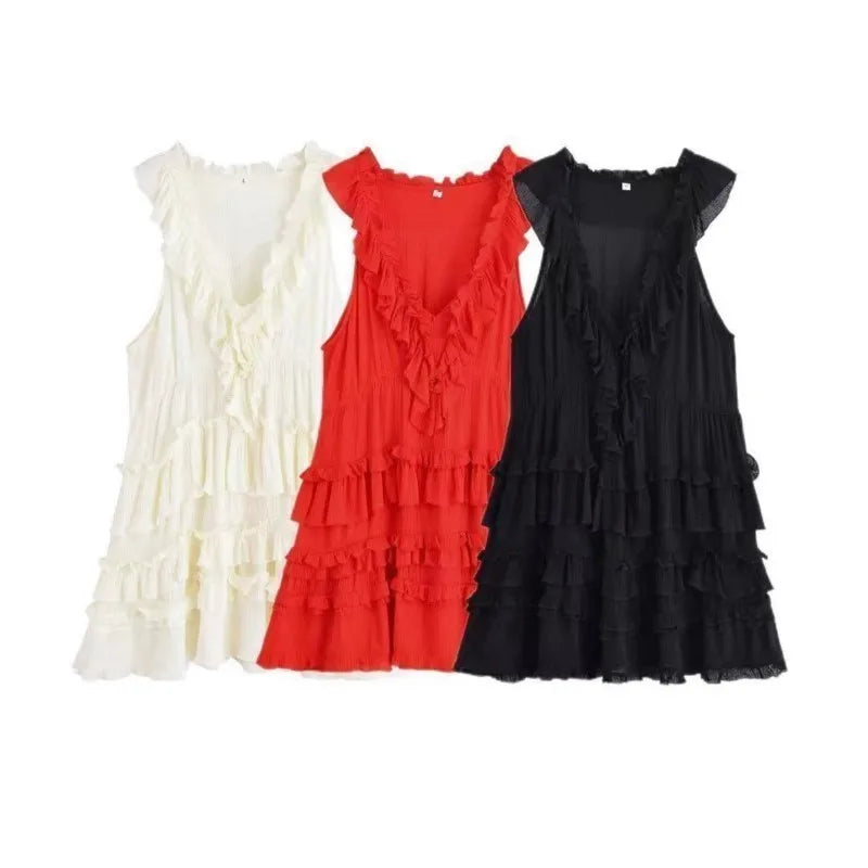 LIZAKOSHT  -  Elegant Layered Ruffle Dress Women 2025 New Summer Loose Sexy V-neck Sleeveless A-line Mini Dresses Vacation Party Evening Dress