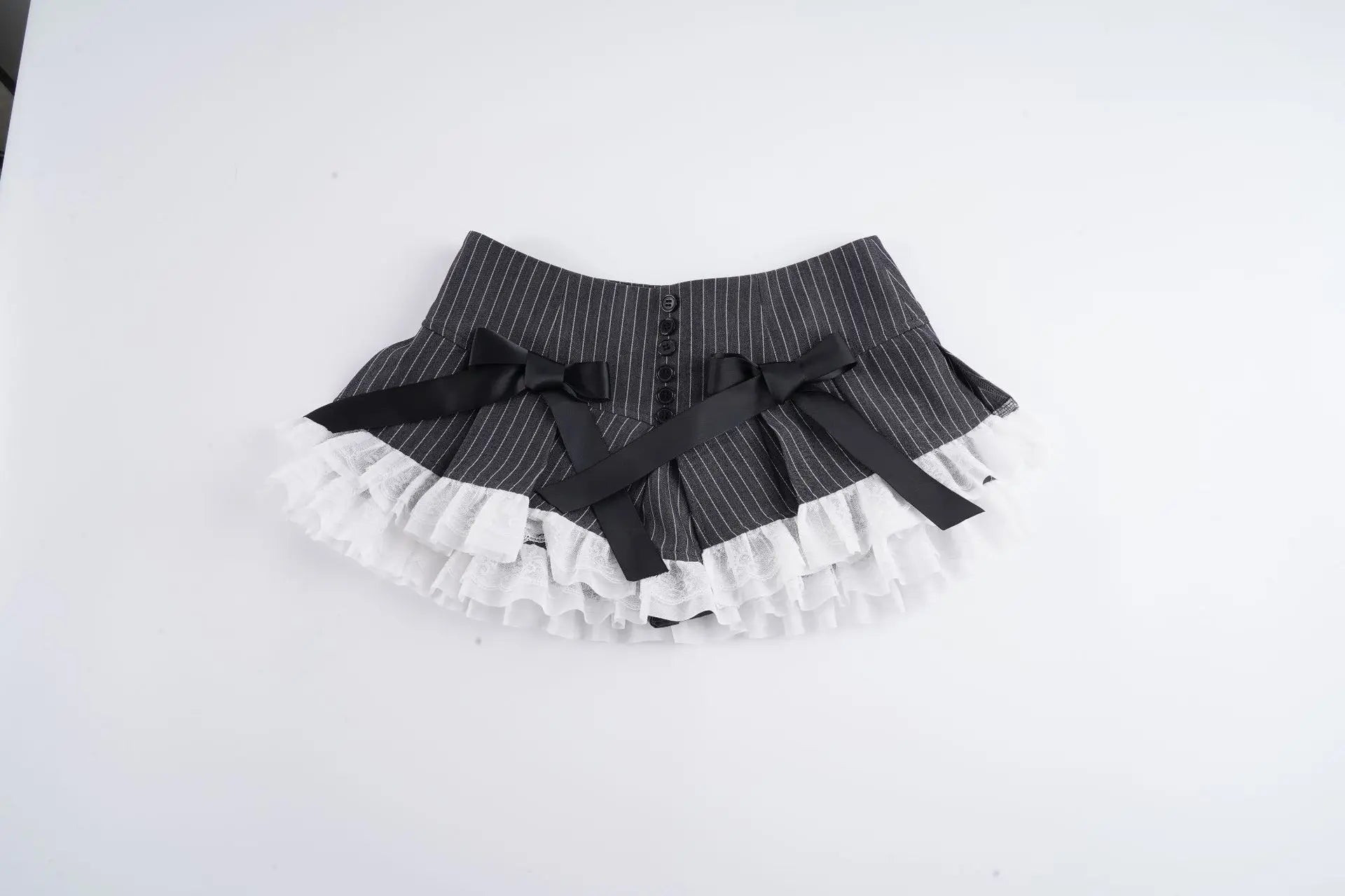LIZAKOSHT  -  Y2K Style Skirt Bow Lace Striped Half Low Waist Slimming Spicy Girl Short Pleated European American