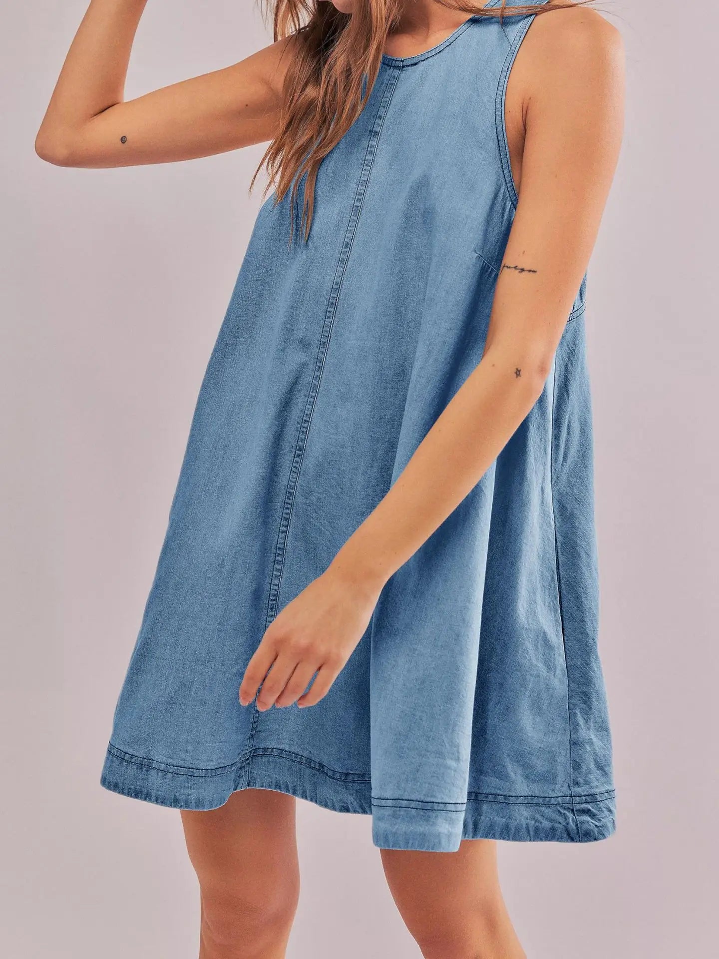 LIZAKOSHT  -  Spring Summer 2025 New Denim Dress Women Sundress Loose A-line Peplum Pockets Backless Casual Sleeveless Mini Dress Female 53932