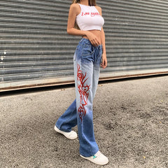 LIZAKOSHT -  Casual Straight Denim Trousers Fashion Pocket Printed High Waist Long Jeans Pants Summer Women Hip Hop Goth Streetwear New