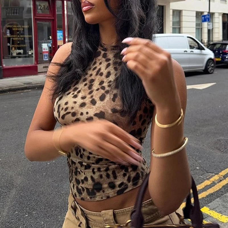 LIZAKOSHT  -  Hot Girls Y2K Irregular Vest Sexy Casual Street Club Crew Neck Sleeveless Leopard Print Skinny Trendy Folds Short Tank Tops