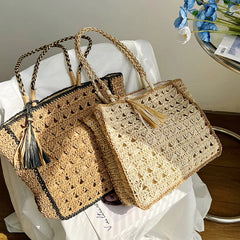 LIZAKOSHT  -  Mesh Crochet Beach Bags Women Hollow Out Straw Woven Tote Bag Seaside Vacation Square Knitted Handbag with Tassel