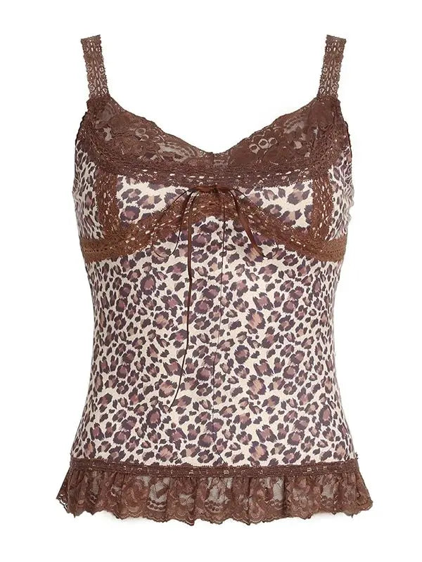 LIZAKOSHT  -  Sexy Leopard Print Patchwork Lace Vest Sleeveless Streetwear Aesthetic Camis Harajuku Slim 2000s Tops Grunge Fairycore