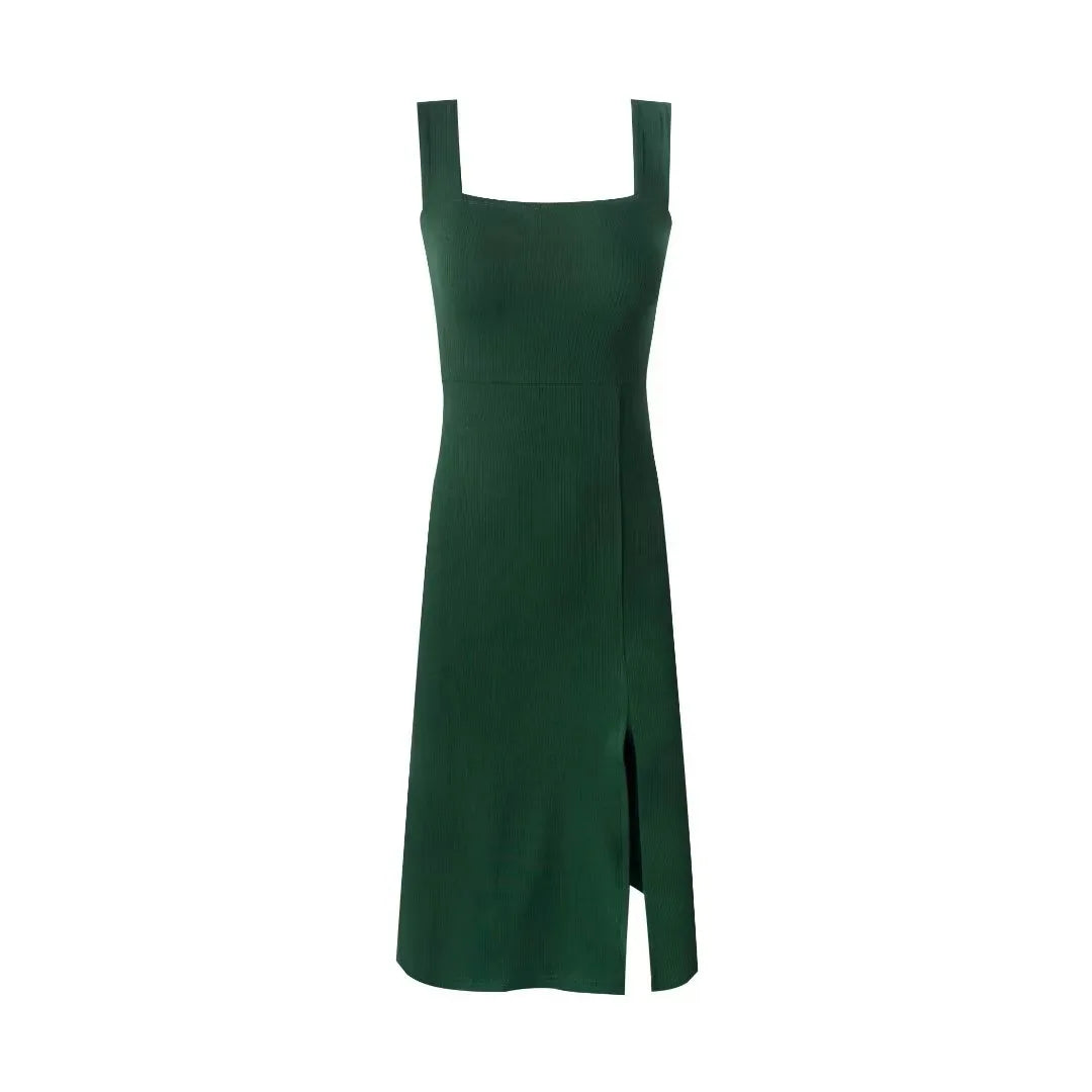 LIZAKOSHT  -  Spring New European and American Holiday Style Solid Color Sexy Square Collar Side Split Leisure Dress