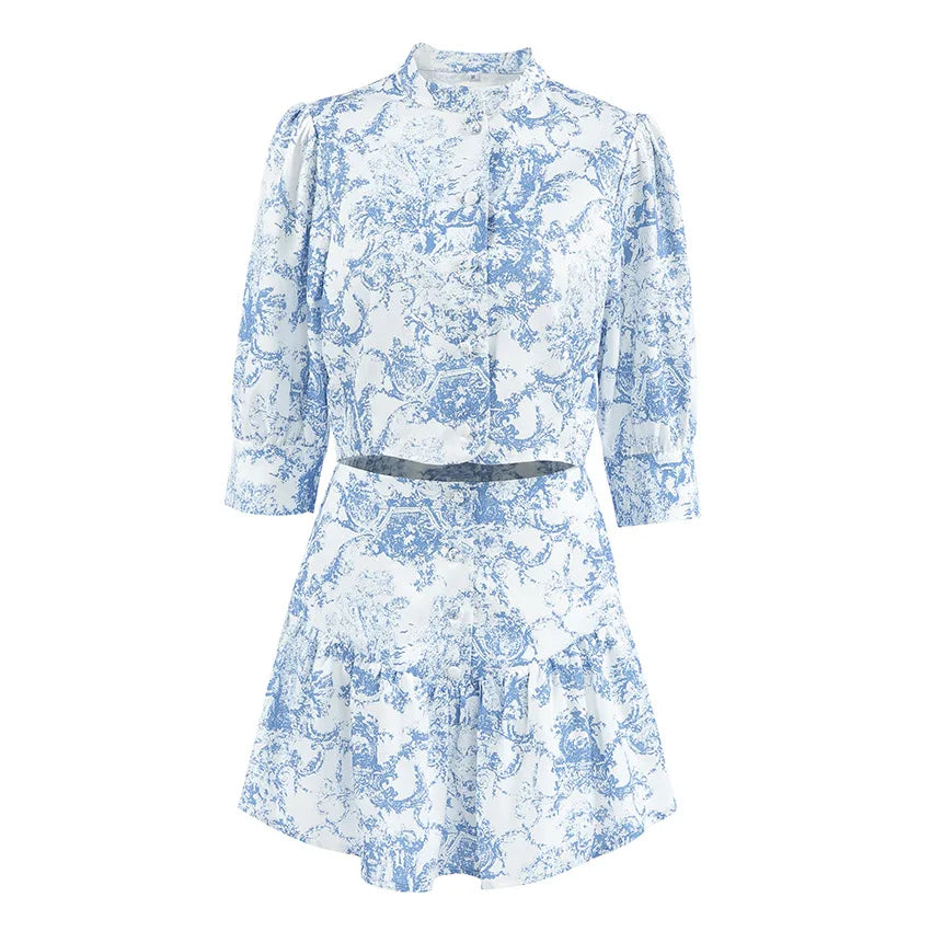 LIZAKOSHT  -  Chic Summer Women Stand Collar Flowers Printed Shirt Short Sleeved Floral Blouses Slim Fit Tops + A-Line Pleated Skirt 2Pcs Set