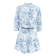 LIZAKOSHT  -  Chic Summer Women Stand Collar Flowers Printed Shirt Short Sleeved Floral Blouses Slim Fit Tops + A-Line Pleated Skirt 2Pcs Set