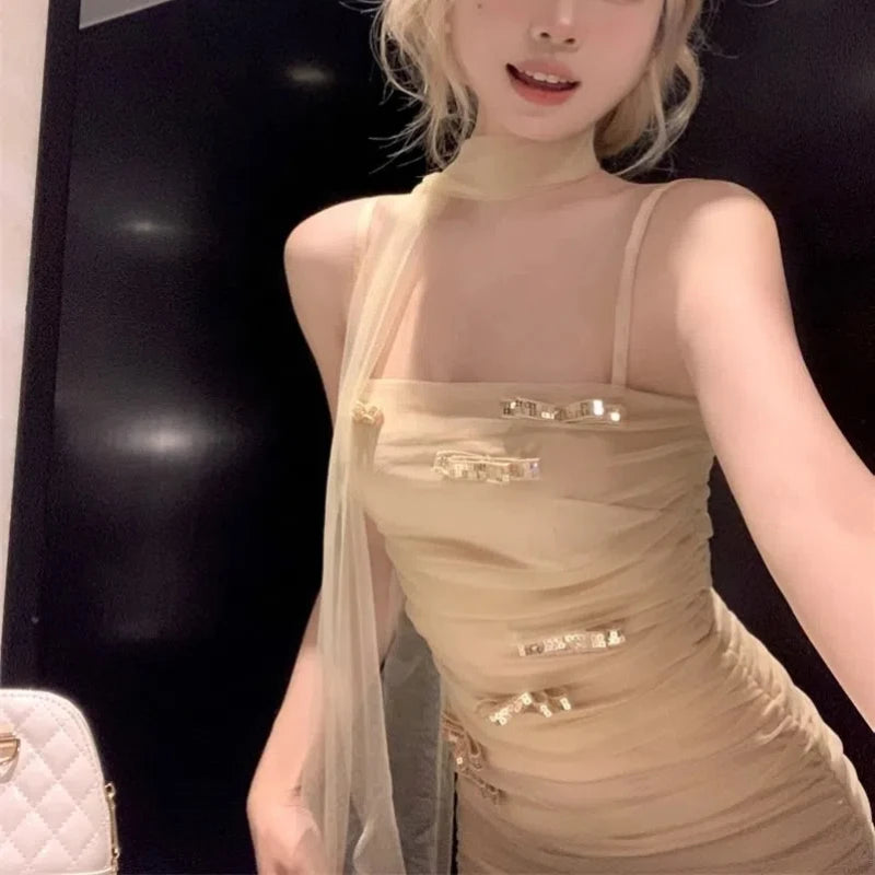 LIZAKOSHT  -  Bow Mesh Suspender Dress for Women Yellow Short Skirt Sexy Pure Slutty Tight Waist Pack
