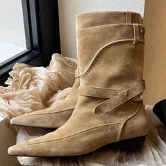 LIZAKOSHT  -  Winter New Suede Ankle Boots Women Fashion Retro Pointed Toe Belt Buckle Design Wedge Cowboy Boots Botines Para Mujeres