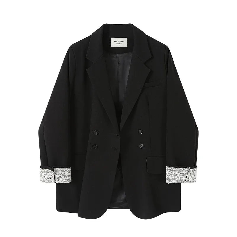 LIZAKOSHT  -  Women Double-breasted Blazers Elegant Lace Patchwork Cuffs Design Large Lapel Jacket Versatile Office Casual Loose Outer Coats