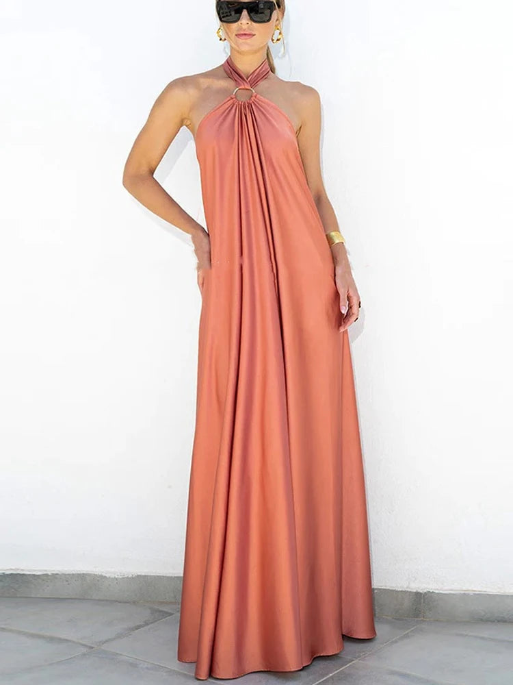 LIZAKOSHT  -  Casual Loose Sleeveless Beach Dress Women Solid Hollow Out Long Maxi Dress Summer Sexy Backless Solid Strap Cover Up Sundress