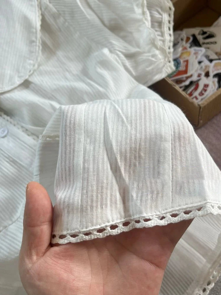 LIZAKOSHT  -  Lace Trim White Striped T-shirt Blouse Woman Summer Back Lace-up Short Puff Sleeve Shirt Vintage Sweet Slim Solid Crop Tops Y2k