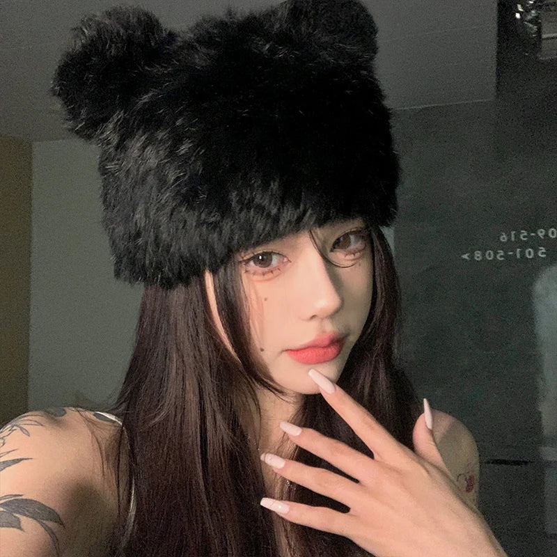 Lizakosht Korean Black Bear Ears Rabbit Fur Hat Cute Plush Wrap Head Cap Cold Warm Fur Caps