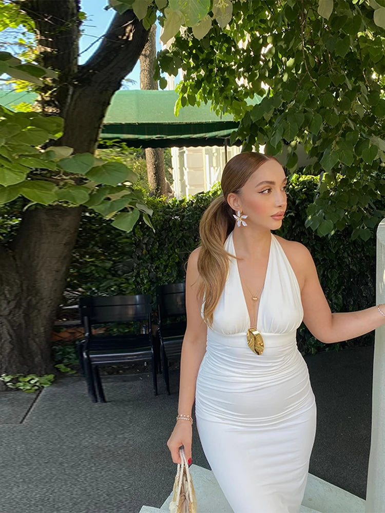 LIZAKOSHT  -  Fashion Halter Long Dress For Women V-neck Sleeveless A-line Draped Hip Package Robe Summer Elegant Female Party Dresses