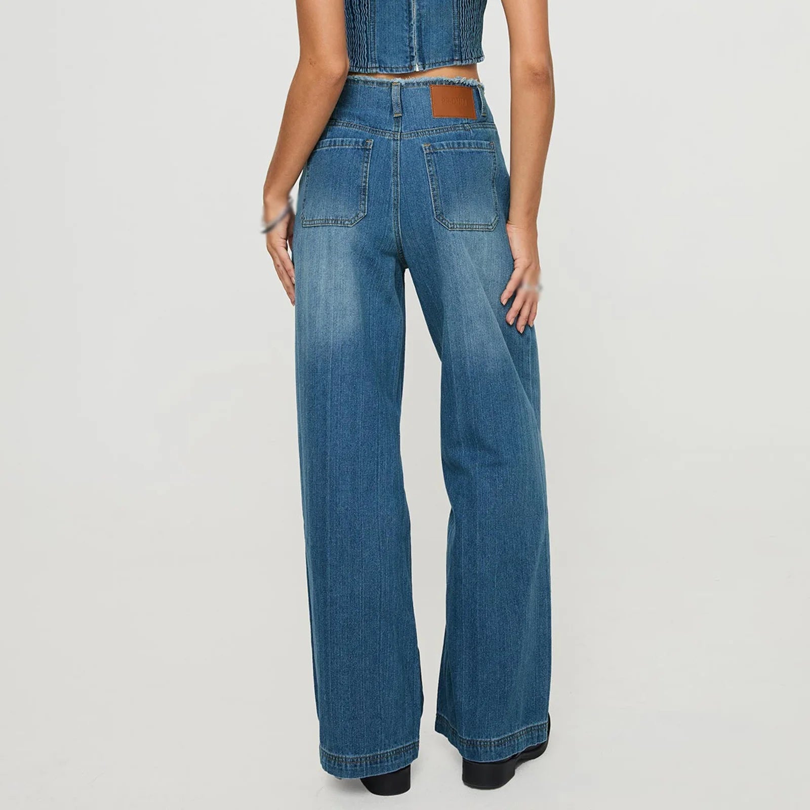 LIZAKOSHT  -  Women's Spring Summer Jeans with Pockets Fashion Loose Fit Casual Solid Low Rise Wide Leg Denim Pants Vintage Streetwear