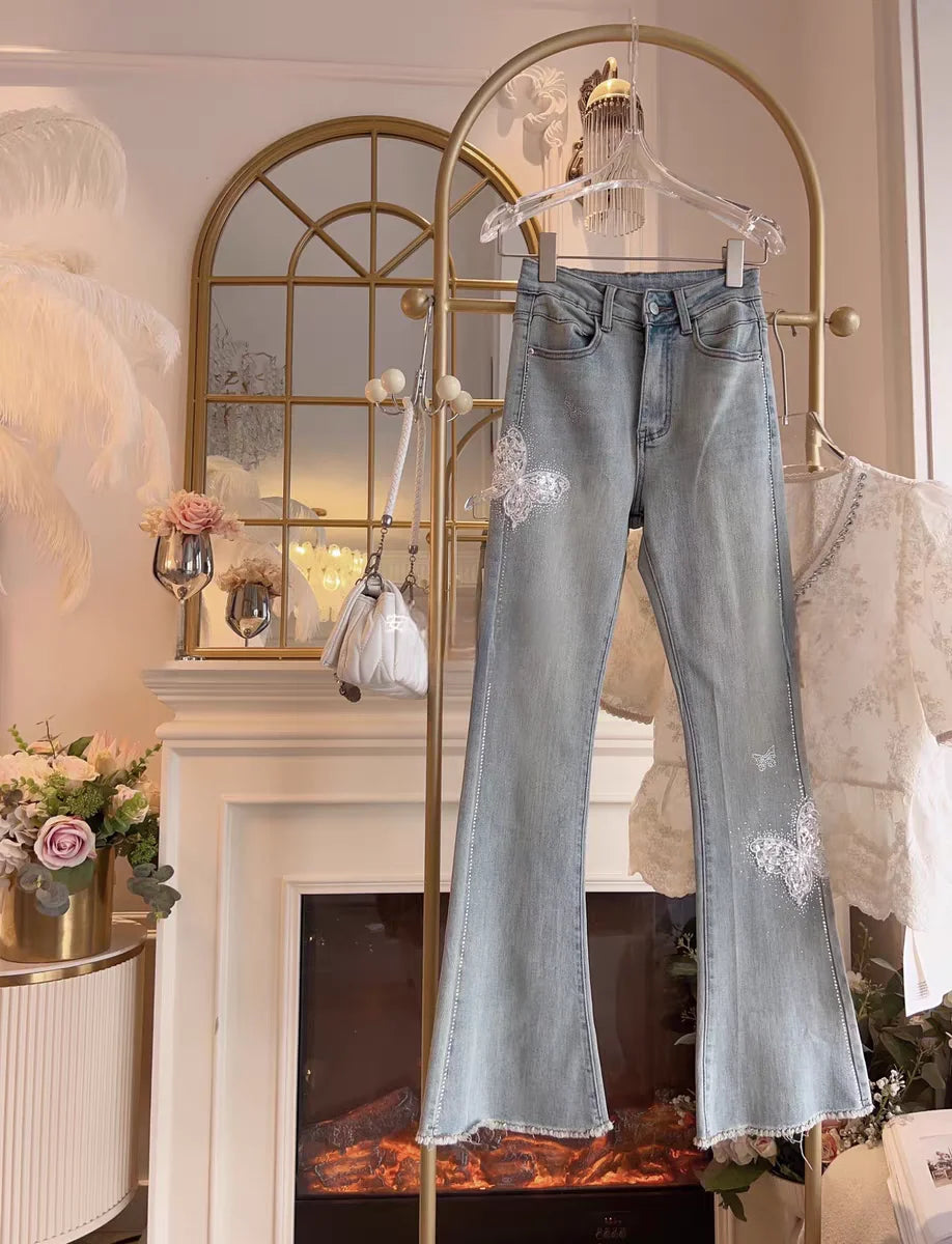 LIZAKOSHT  -  Flared Trousers Women Sequins Butterfly Embroidery Slim Fit High Waist Streetwear Light Blue Boyfriend Denim Pants Ladies 2024