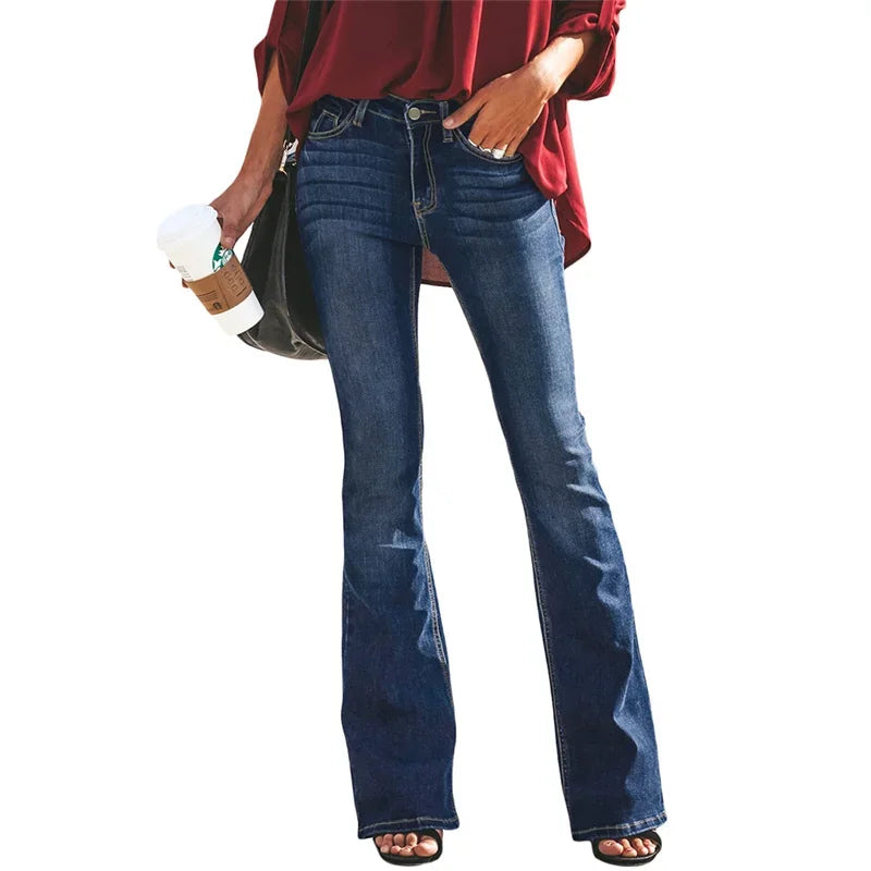 LIZAKOSHT  -  Elegant Mid Waist Flared Jeans Women's Broken Holes Wide Leg Denim Pants Female Solid Color Commuter Casual Trousers Streetwear