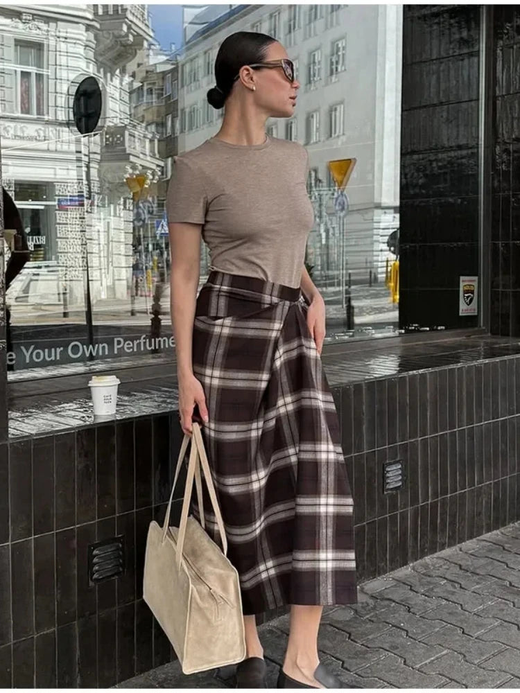 LIZAKOSHT  -  New Elegant Irregular Ruched Plaid Print Skirts Chic Patchwork Zip-up Midi Women Skirts Ladies Commute Skirts Streetwear