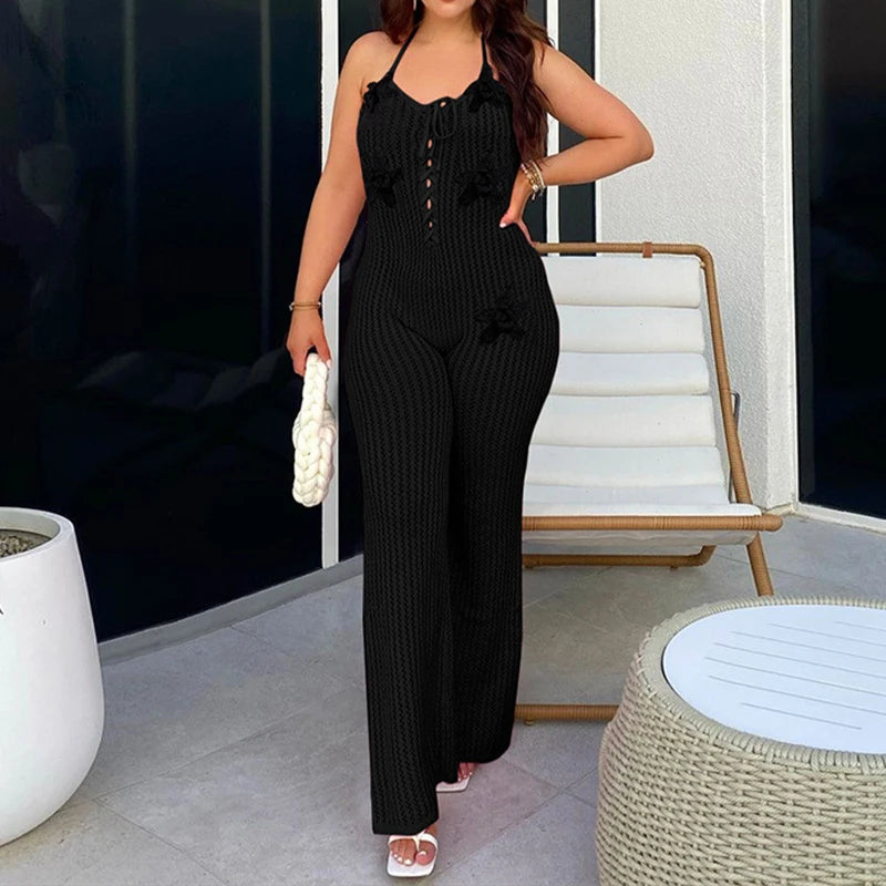 LIZAKOSHT  -  Knitted Halter High Elasticity See Through Halter Backless Solid Color Floral Appliques Club Street Low Cut Jumpsuit for Women