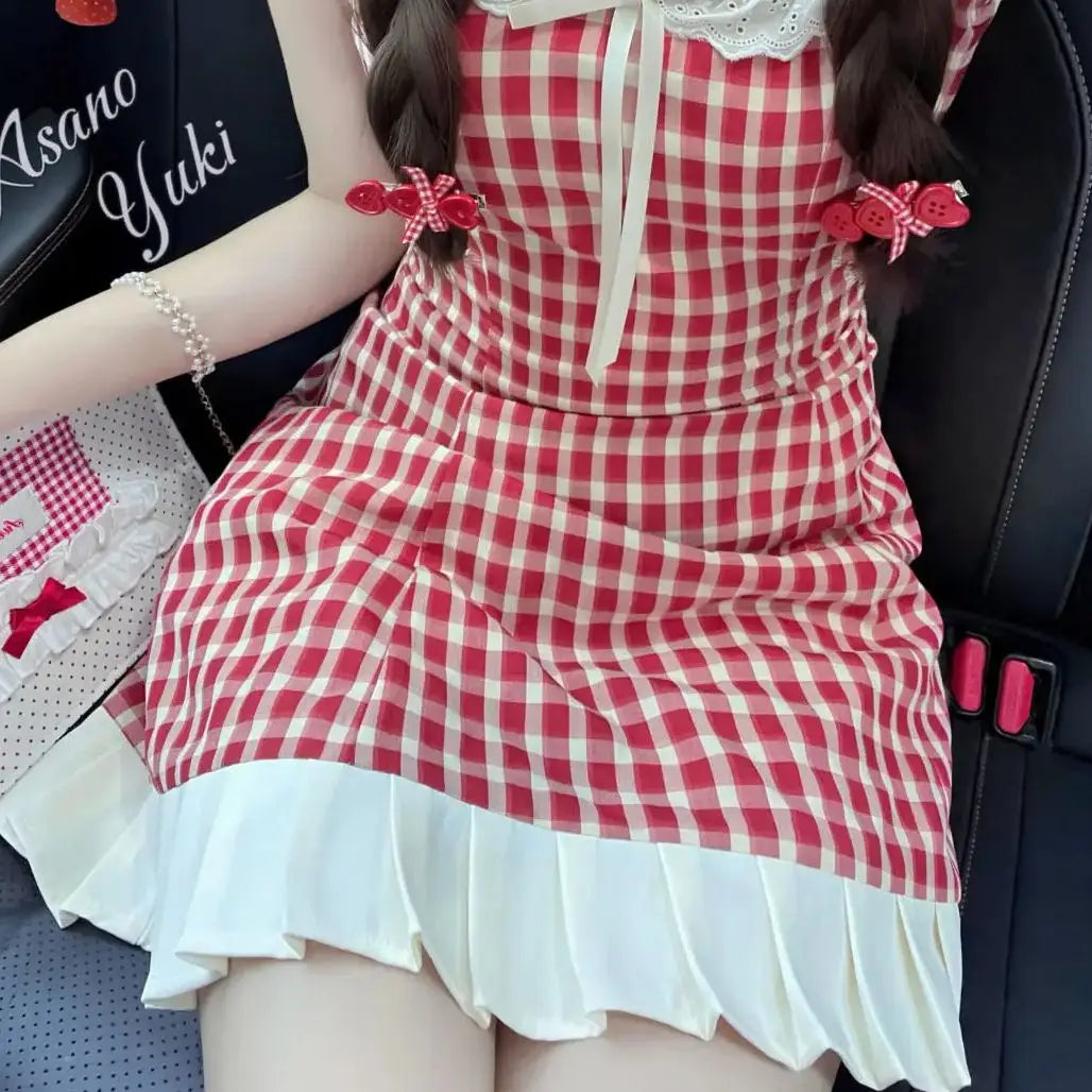 LIZAKOSHT  -  Japan Dress Sweet Small Flying Sleeves Plaid Blouses Top Half Skirts Set Summer Cute Age Reducing Women Outfits