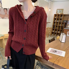 LIZAKOSHT  -  Gray Twist Knitted Cardigan Jacket Women Autumn New Vintage All-Match Hooded Sweater Coat Fashion Single Breasted Hoodies Woman