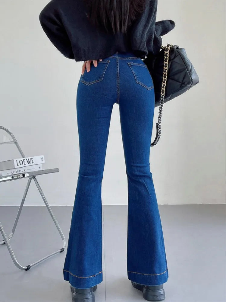 LIZAKOSHT  -  Women Vintage Stretch Denim Pants Streetwear Long Trousers Blue Black Gray Autumn Retro High Waist Floor Length Flare Jeans