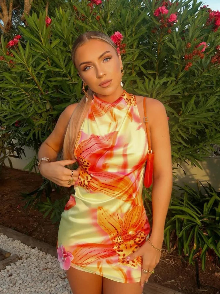 LIZAKOSHT  -  Print Halter Short Dress Hanging Neck Pile Collar Slim Fit Silk Satin Sexy Backless Beach Women Wrap Hip Vest Dresses Summer New