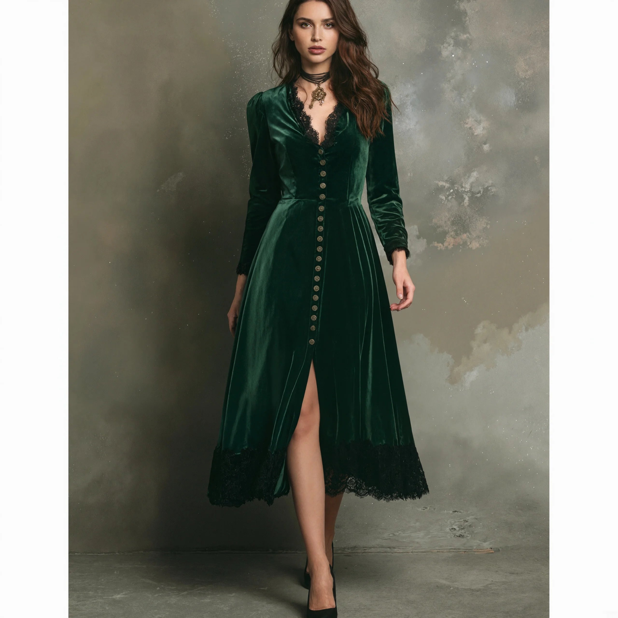LIZAKOSHT  -  Elegant Women Velvet Dress Lace Splicing Sexy V Neck Long Sleeve Single Breasted High Waist Pocket A-Line Evening Party Dress
