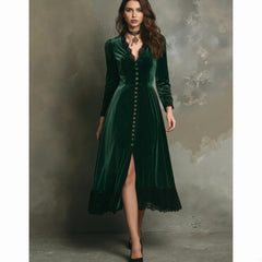LIZAKOSHT  -  Elegant Women Velvet Dress Lace Splicing Sexy V Neck Long Sleeve Single Breasted High Waist Pocket A-Line Evening Party Dress