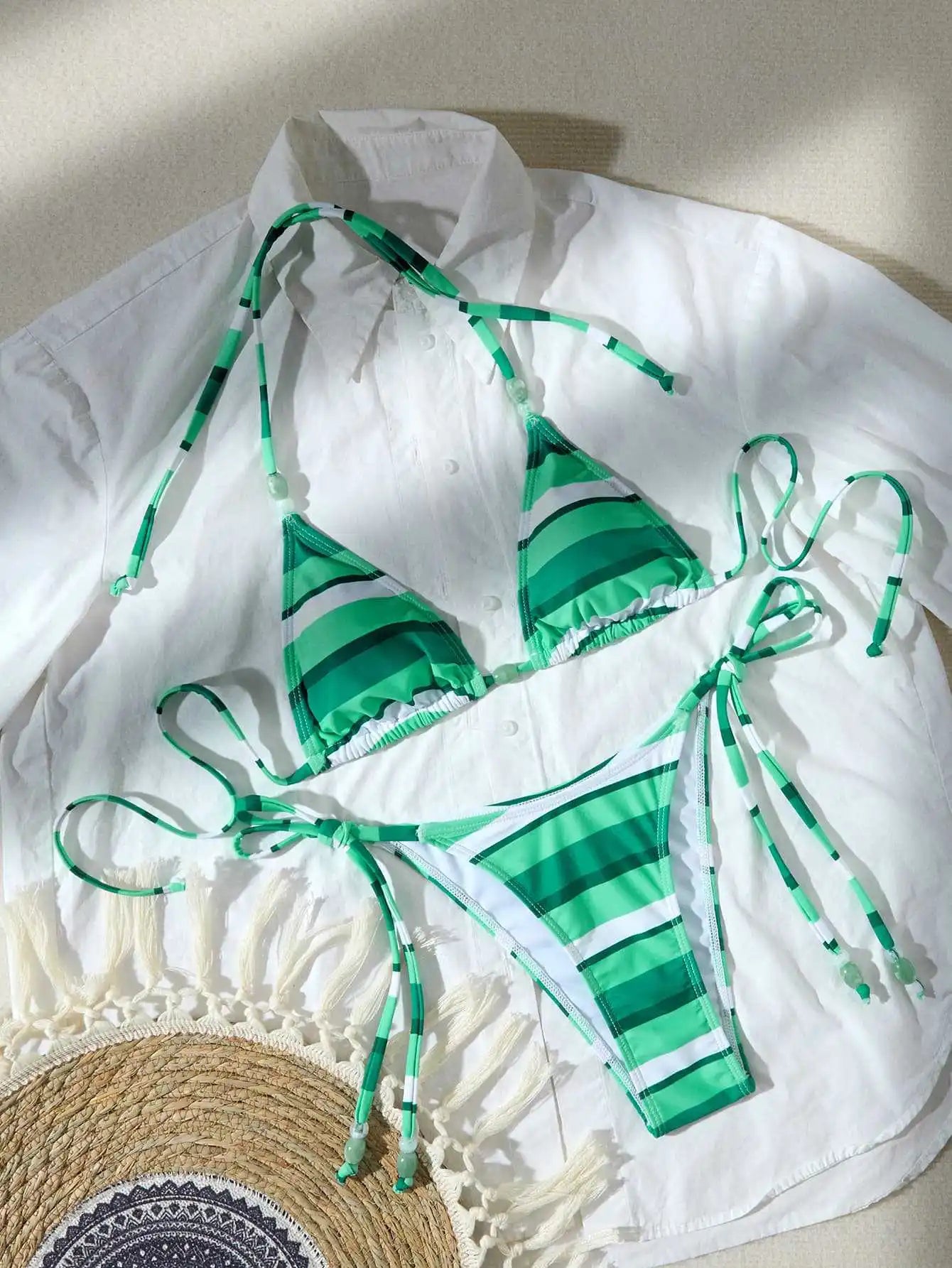 LIZAKOSHT  -  Summer Padded Bikini Set For Women Floral/Stripe Print Bead Decor Bra with Low Waist Tie-up Shorts 2 Pcs Swimsuit Women
