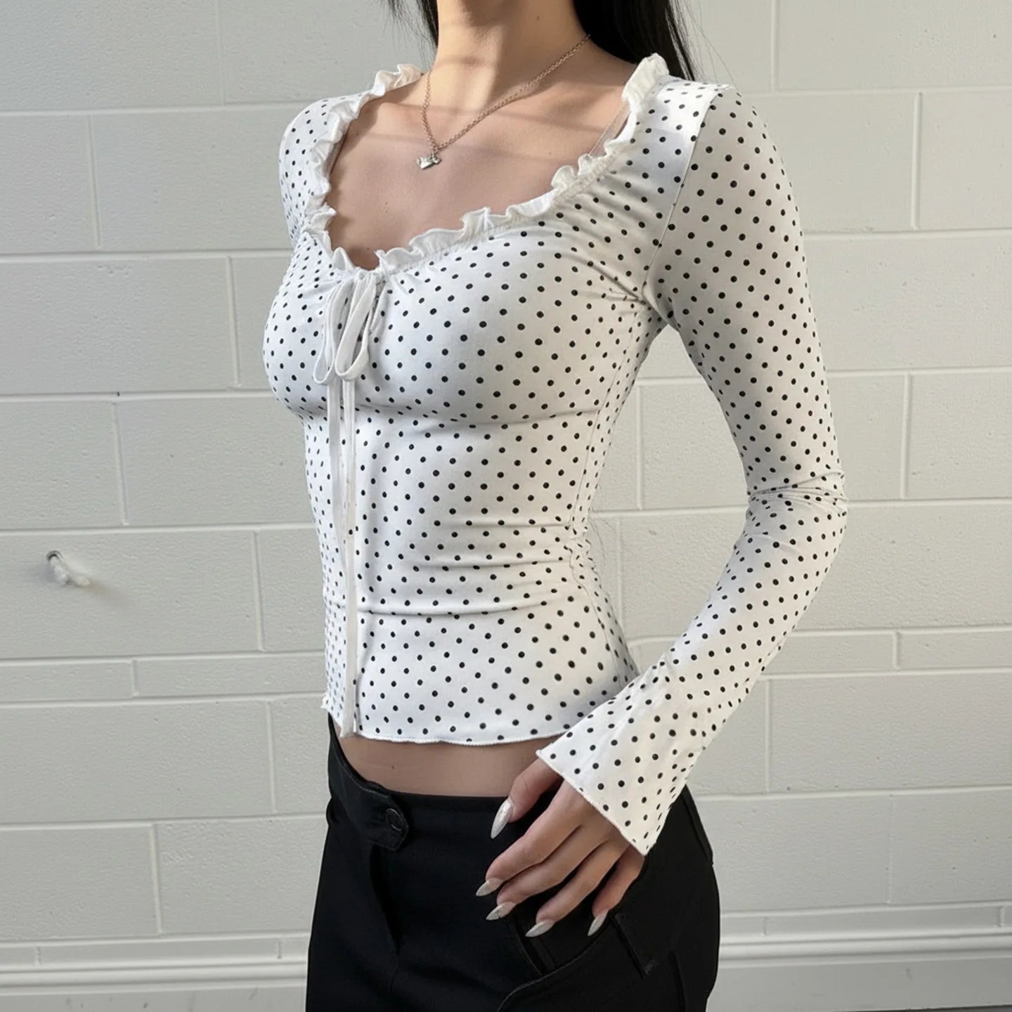 LIZAKOSHT  -  Women Y2K Lace Patchwork Polka Dot Long Sleeve Tee Hollow Out Tie Front Ruffled Slim Top Casual Streetwear Fashion Tee