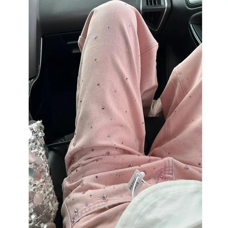 LIZAKOSHT  -  Hot Diamond Design Pink Y2k Baggy Jeans High Waist Button Streetwear Denim Pants Plus Size Vintage Wide Leg Trousers For Women