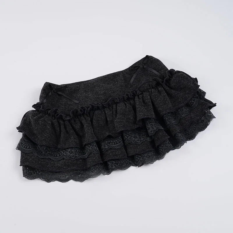 LIZAKOSHT  -  Sweet Cute Lace Fluffy Cake Skirt Korean Casual Elastic Low Waist Mini Skirt Y2K Women Clothing Summer Harajuku 2026
