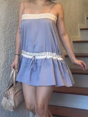 LIZAKOSHT  -  Women  Lace Trim Loose Mini Dress Sleeveless Square Neck Spaghetti Strap Casual Loose Vestidos Lady New Summer Dresses
