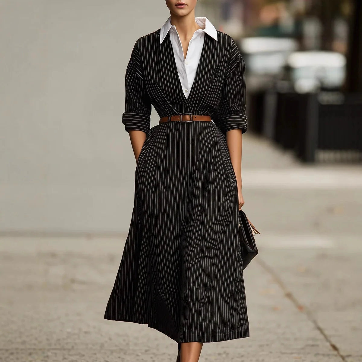 LIZAKOSHT  -  Women's Lapel Shirts Dress Retro Contrasting Hepburn Style Long Sleeves Stripe Dress Solid Casual Going Out A-Line Long Dress