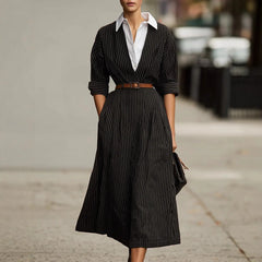 LIZAKOSHT  -  Women's Lapel Shirts Dress Retro Contrasting Hepburn Style Long Sleeves Stripe Dress Solid Casual Going Out A-Line Long Dress