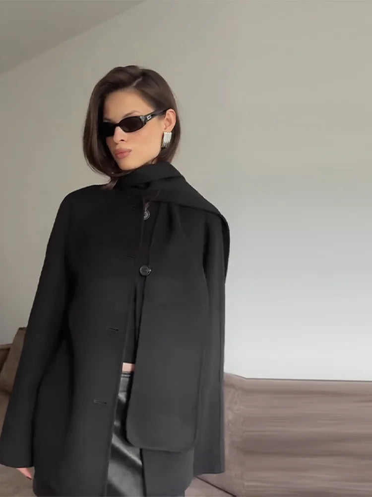 LIZAKOSHT  -  Solid Wool Cape Style Coat Women Scarf Detail Button Front Full Sleeve Loose Jacket 2025 Autumn Elegant Female Casual Outerwear