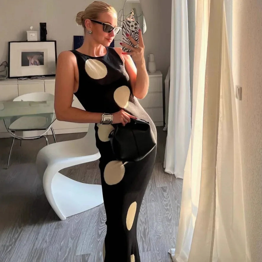 LIZAKOSHT  -  Retro Large Polka Dots Sleeveless Dress Women Chic Round Neck Off-shoulder Slim Midi Dresses Lady Holiday Street Vestidos