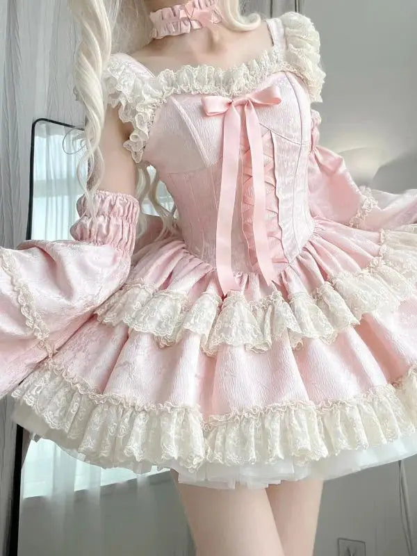 LIZAKOSHT  -  Japan Sweet Lolita Jsk Dress Women Elegant Ruffles Lace Bandage Princess Strap Dresses Girls Y2k Kawaii Tea Party Mini Dress