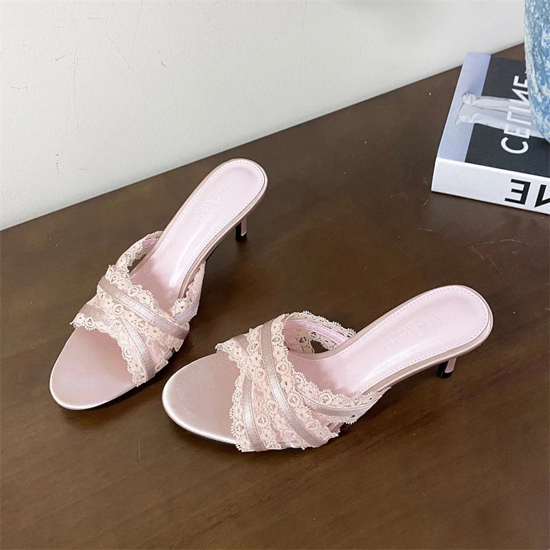 LIZAKOSHT  -  Satin Lace Narrow Band Woman Slippers Fashion Elegant Thin Heels Female Shoes Summer Slides Zapatos De Mujer