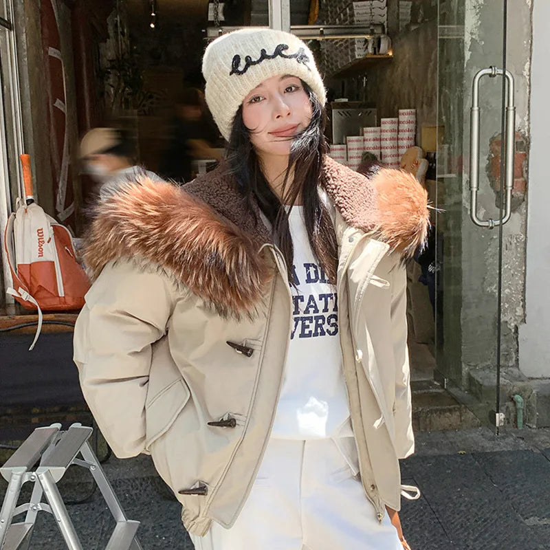 LIZAKOSHT  -  Women's Autumn Winter Top Coat Cotton Coat Fur Collar Horn Button Hood Thickened Warm Retro Comfortable Casual Niche Versatile