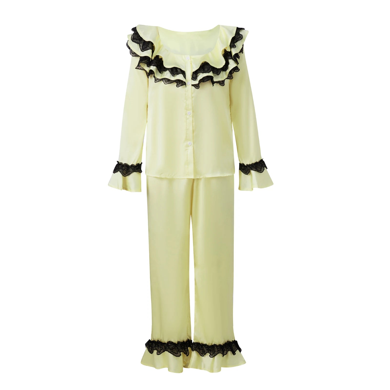 LIZAKOSHT  -  Women Satin Silk Pajamas Lace Trim Long Sleeve Turn Down Ruffles Button Up Blouse Tops + Pants Lounge 2 Pcs Set