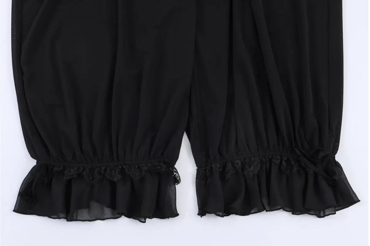 LIZAKOSHT  -  Spring Summer Black Chiffon Lantern Pants Women Spliced Lace Elastic Waist Ruffles Cuff Long Loose Trousers Full Length Bottom
