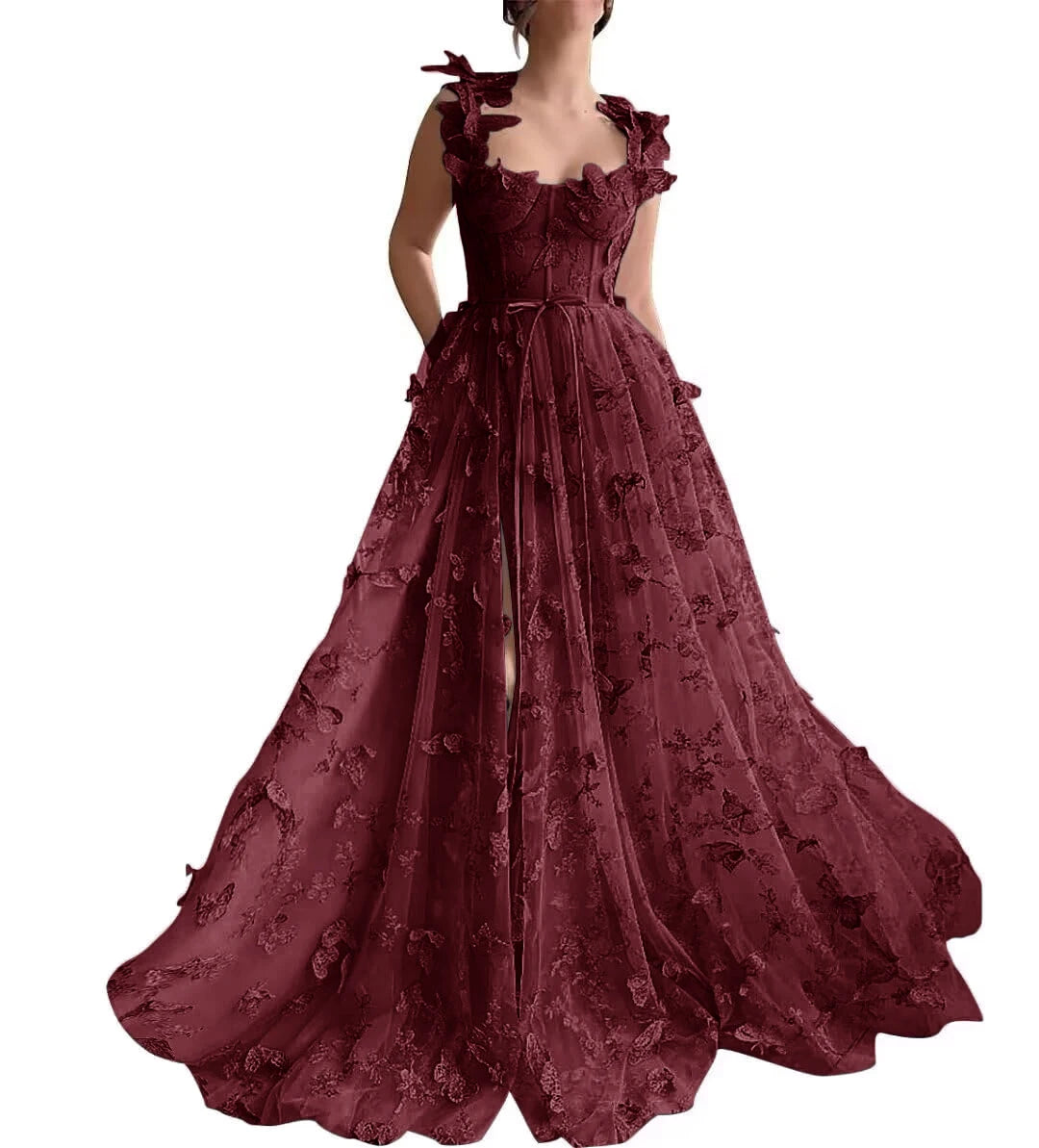 3D Butterfly Tulle Prom Dresses for Women 2024 Lace Applique Princess Long Ball Gown with Slit Graduation School Party Gown