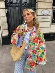 Lizakosht Flower Printed Quilted Parka Women Thick Warm Coat Spliced Flare Long Sleeve 2024 Autumn Winter Casual Streetwear Oversize Coat
